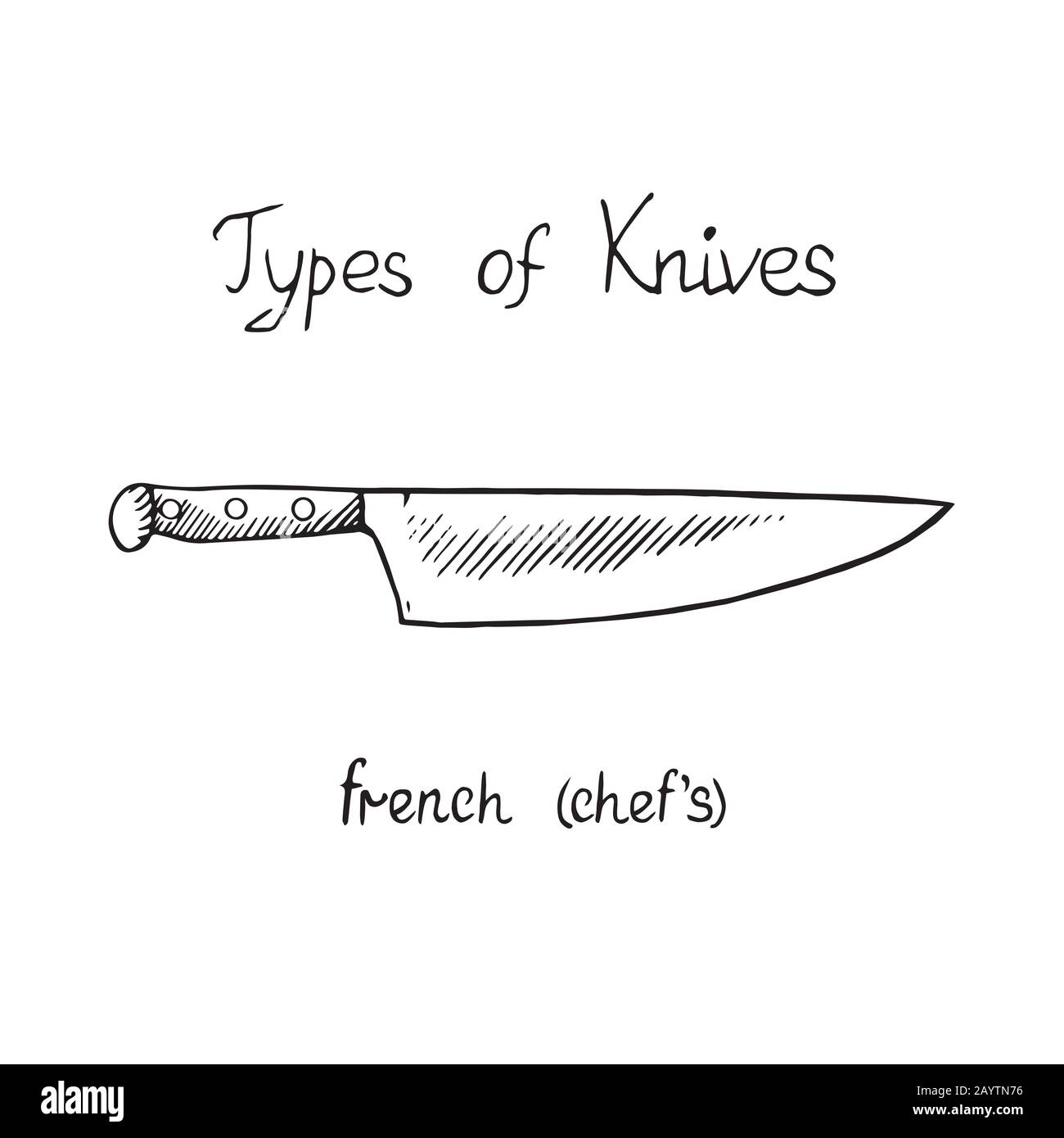 Knife types, French (chef`s), outline illustration with inscription